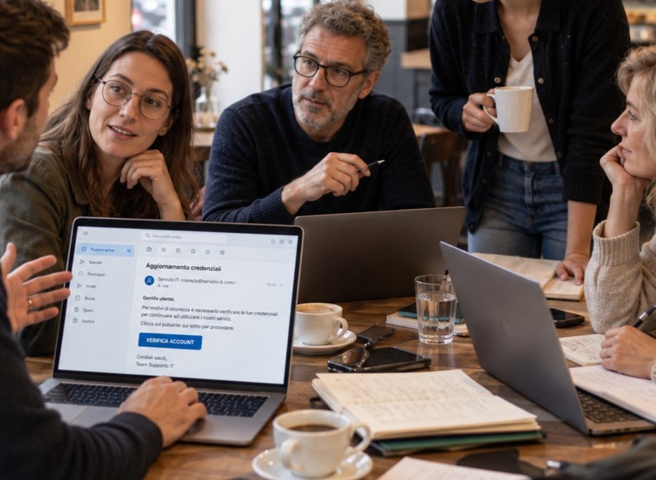 riunione di lavoro in caffetteria con mail di pishing